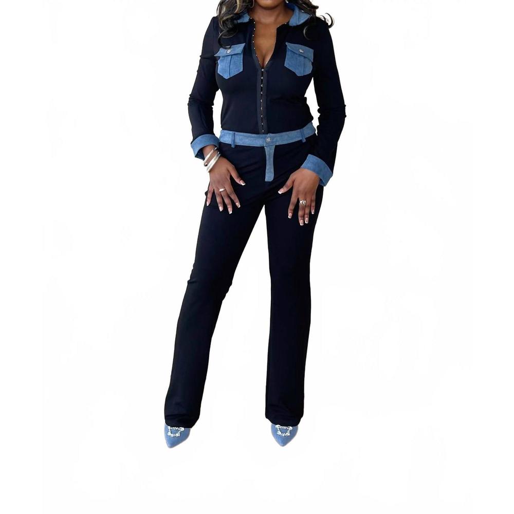 NEW NO VACANCY yours truly denim contrast pant set in black/denim